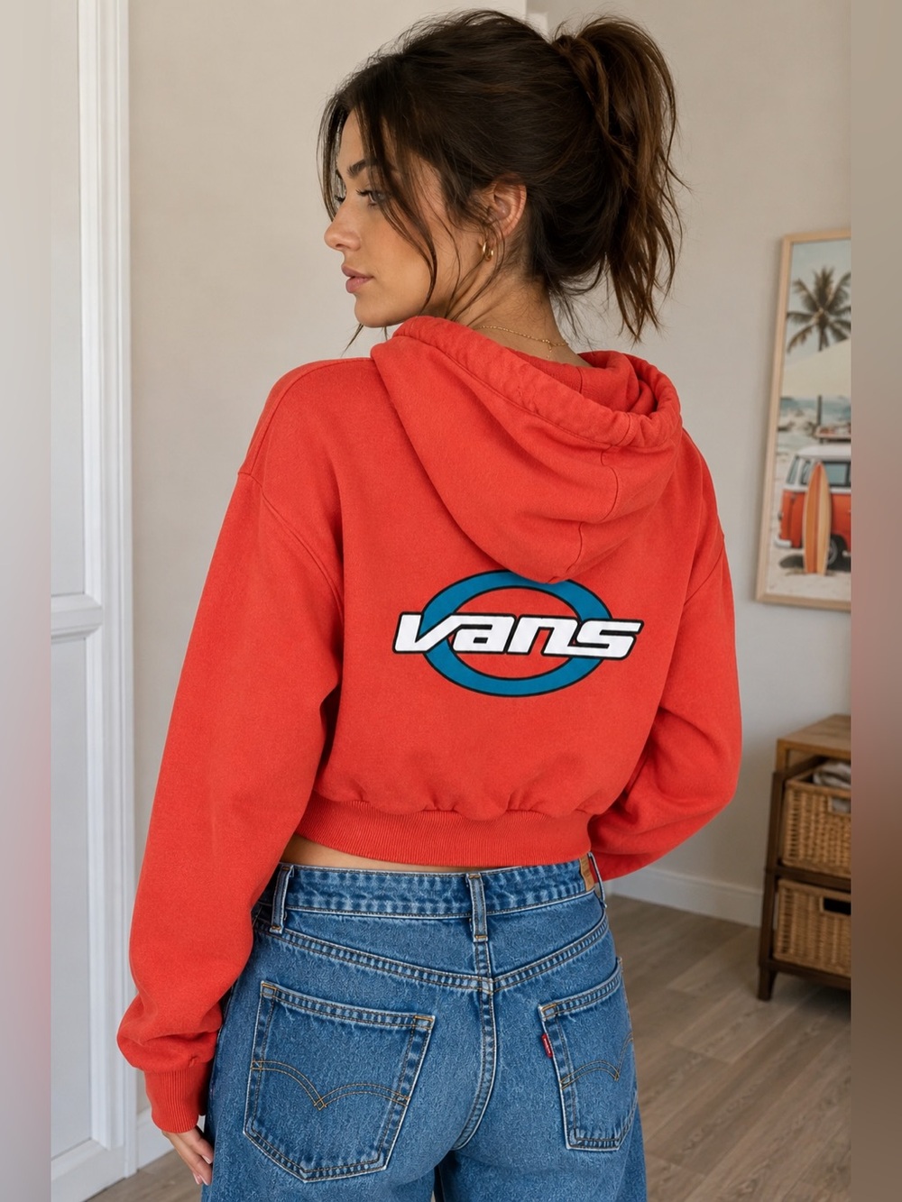 Vans Cropped Hoodie Women’s Large Red Oversized Y2K Skate Streetwear Sweatshirt